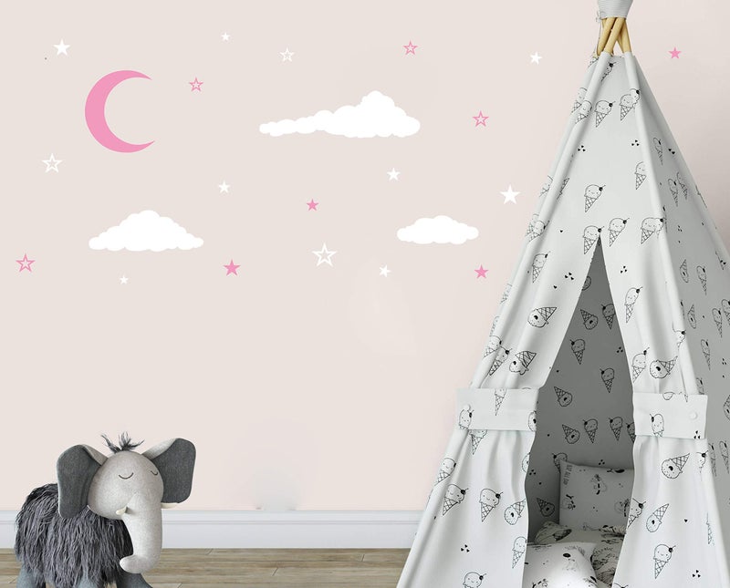 GESTYZ Moon & Stars Wall Decals, Kids Nursery Decoration, Vinyl Stickers for Baby's Room Y08 (White, Pink) - Image 1